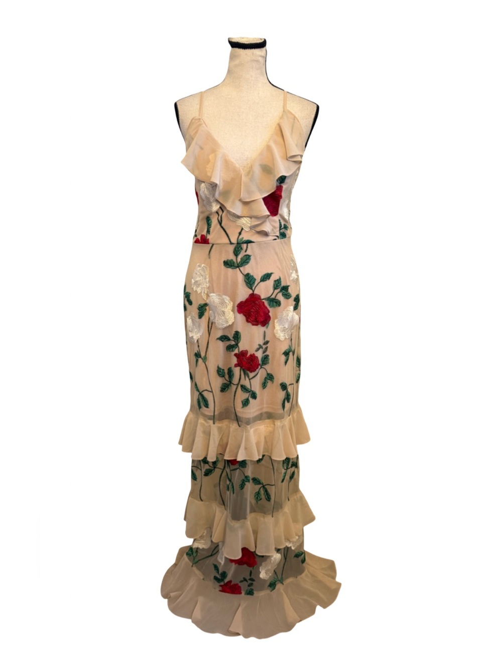 Lulus True to Heart Beige Floral Embroidered Ruffled Tiered Maxi Dress Medium